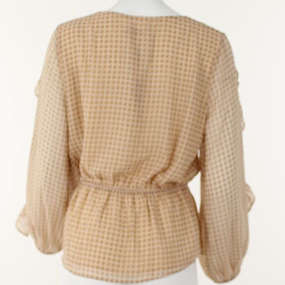 Calvin Klein Printed Ruffled Faux-Wrap Top - Sand Combo - Picture 4 of 5